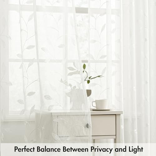 MIULEE Ivory Sheer Curtains 2 Panels Embroidered Leaf Patterned, W52 x L84 - Image 5
