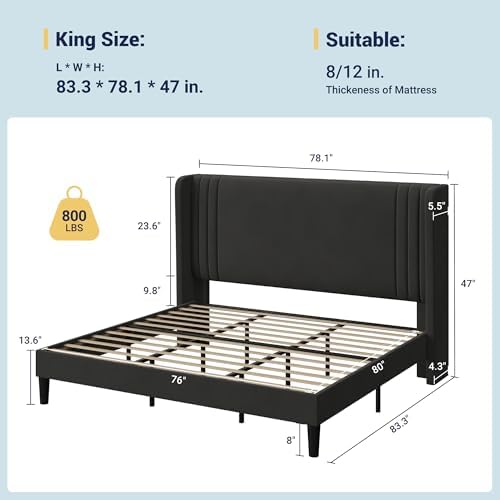 Allewie King Size Velvet Platform Bed Frame, Tall Wingback Headboard - Image 2