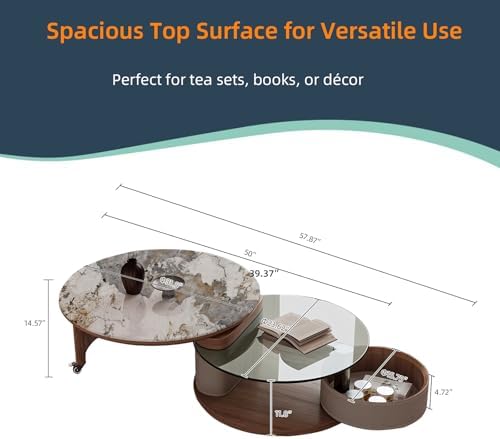 Round Coffee Table for Living Room, Modern Marble Top Expandable Coffee Table - Image 2