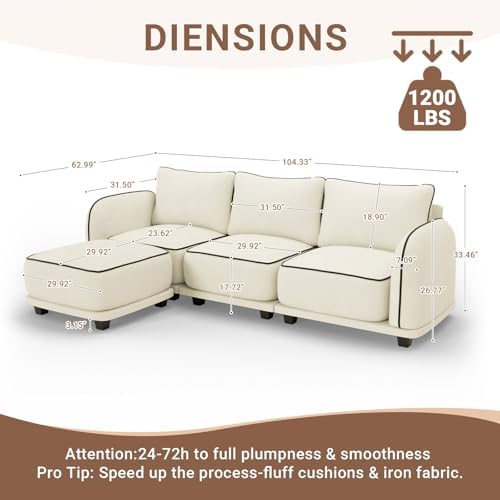 104 Inch L Shaped Modular Sectional Sofa, 4 Seater Modern Cloud Chenille Comfy - Image 2