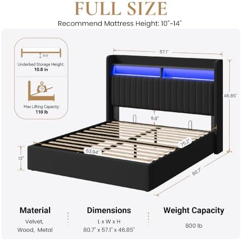 SHA CERLIN Full Size LED Lift Up Storage Bed Frame Charging Station - Image 2