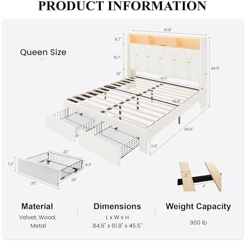 SHA CERLIN Queen Bed Frame, 2 Storage Drawers & 2-Tier Storage Headboard - Image 2