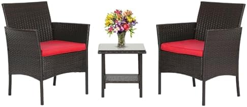 FDW 3-Piece Patio Furniture Set | Brown & Red | Outdoor Wicker Furniture by FDW
