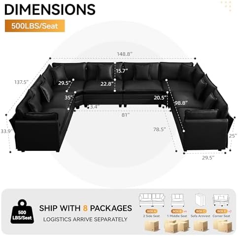 147'' Oversized U Shaped Cloud Sectional Sofa, Leather Deep Seat Couches - Image 2