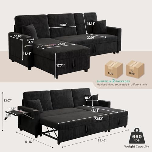 83" Sleeper Sectional Sofa, Comfy Convertible Sofa Bed - Image 3