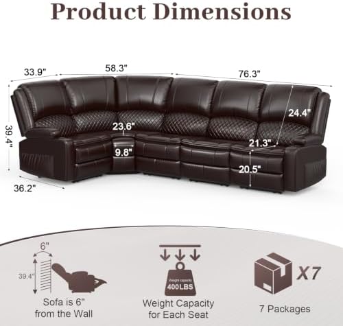 Manual Reclining Sectional Sofa Set, 5 Seats 1+1+3 Leather Reclining - Image 2