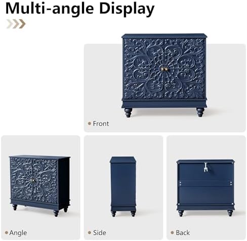 31" Accent Storage Cabinet, Floral Embossed 2 Door Sideboard, Midnight Blue - Image 6