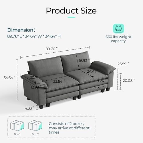 LINSY HOME 90" Modular Cloud Love Seat Sofa, Corduroy Soft Sectional Couch - Image 2
