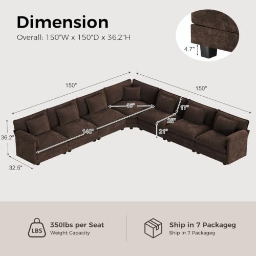 ELUCHANG 150" Oversized Modular Sectional Sofa, Comfy Chenille Cloud Couch - Image 2