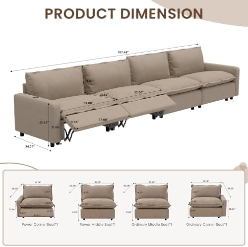 148.8 Inch Power Recliner Modular Sectional Couch, 4 Seater Cloud Sectional Sofa - Image 2
