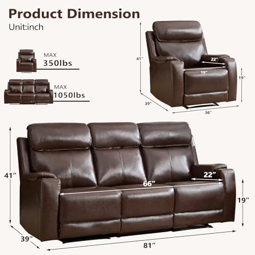 HAOMARKETS 3-Piece Top Grain Leather Power Reclining Sofa Set, Include Dual - Image 2