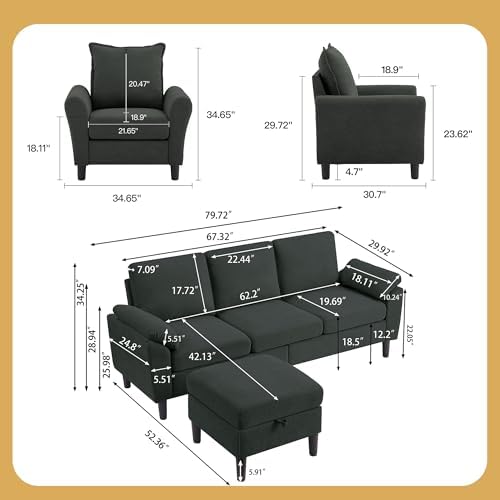 Convertible Sectional Sofa Set, Linen Upholstered 3 Seat Sofa and 35" Accent - Image 2