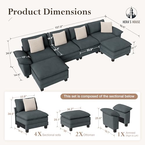 HERA'S HOUSE 158" Oversized Modular Sectional U Shaped Sofa, Chenille Blue - Image 2