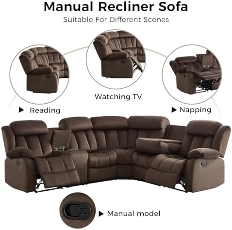 EBELLO Manual Reclining L-Shaped Sectional Sofa Set, Soft Fabric Corner Couch - Image 5