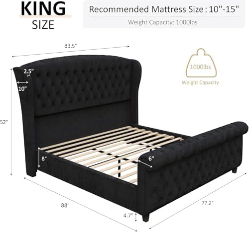AMERLIFE King Size Upholstered Sleigh Platform Bed Frame - Image 2