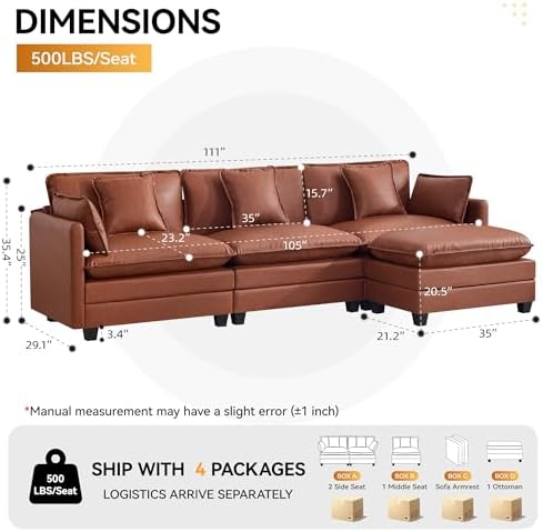 111'' Sectional Cloud Deep Seat Couch, Modern Comfy Leather L Shaped Sectional - Image 2
