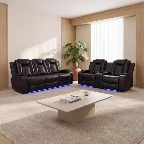 3-Piece Leather Power Recliner Sofa Set, Home Theater Seating by Unknown