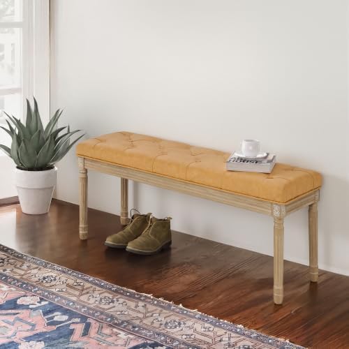 LUE BONA 44" Leather End of Bed Bench, Upholstered Tufted French Bedroom Bench - Image 4