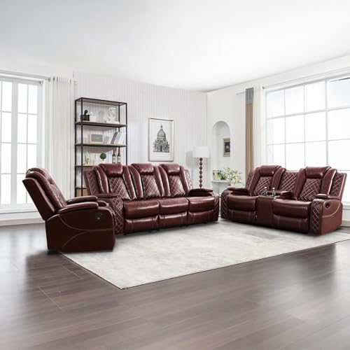 Power Recliner Set with LED Lights, Air Leather Reclining Set with USB by Unknown
