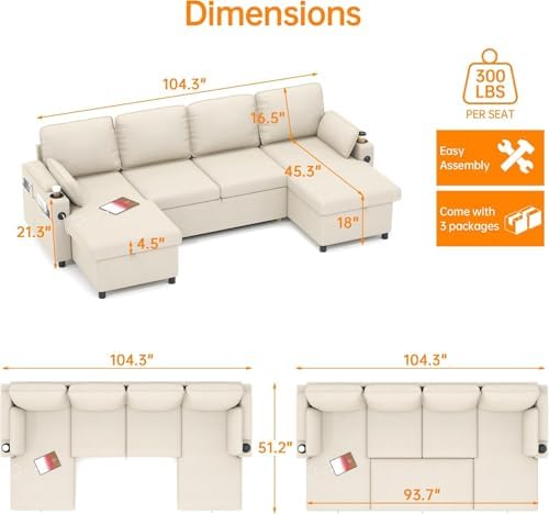 Sofa Bed Pull Out 2 in 1 Sectional Sleeper Sofa U Shaped Couch - Image 2