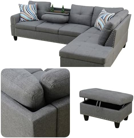 L-Shaped Couch Set, 97.5" L x 69.5" W Sectional Sofas Linen Grey - Image 4