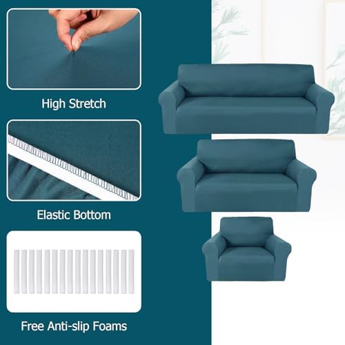 Peryiter 3 Pcs Couch and Loveseat Sofa Covers, Peacock Blue, Milk Silk - Image 4