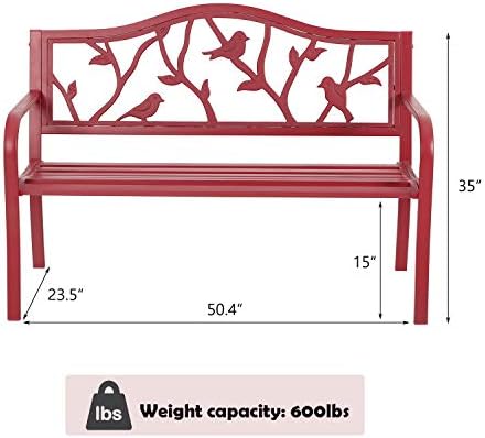MFSTUDIO 50” Outdoor Garden Bench Cast Iron Metal Bird Pattern Backrest Red - Image 2