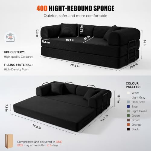 79" Memory Foam Sofa Bed, Convertible Futon Boneless Couch - Image 3