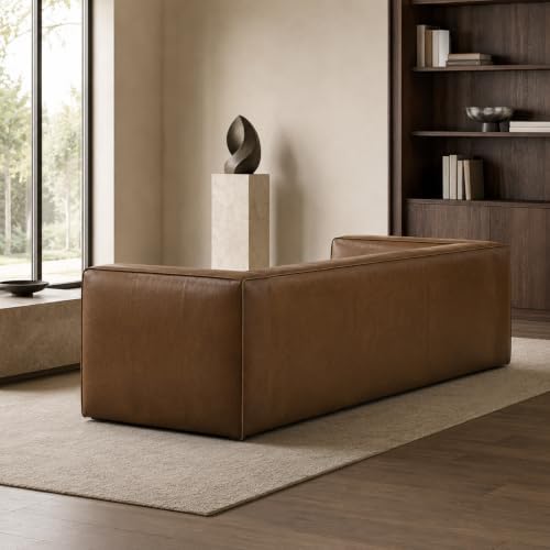 92.5-Inch Cognac Tan Genuine Leather Sofa, Modern 3-Seater Couch - Image 7