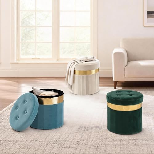 xuperbonus Small Ottoman with Storage, Folding Round Ottoman with Gold Trim - Image 7