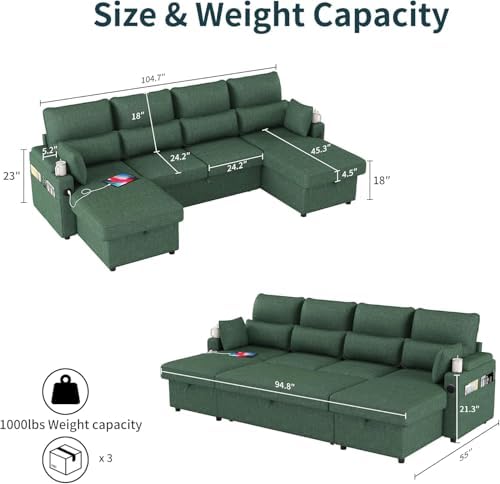104.7" U-Shaped Sectional Sofa Couch, Pull-Out Sleeper Sofa Bed - Image 2