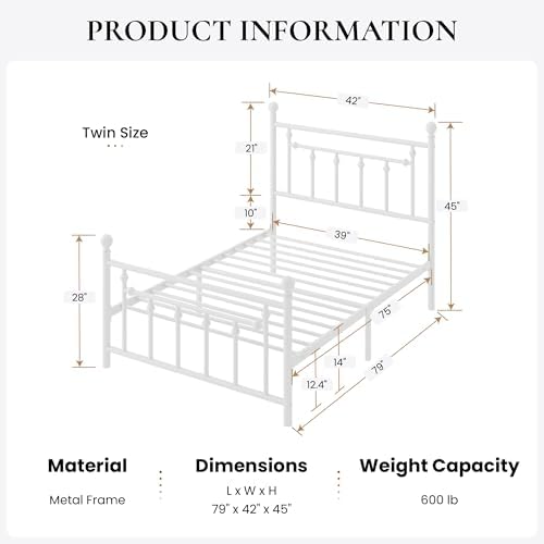 SHA CERLIN 14" Twin Size Metal Platform Bed Frame/Victorian Headboard and - Image 2