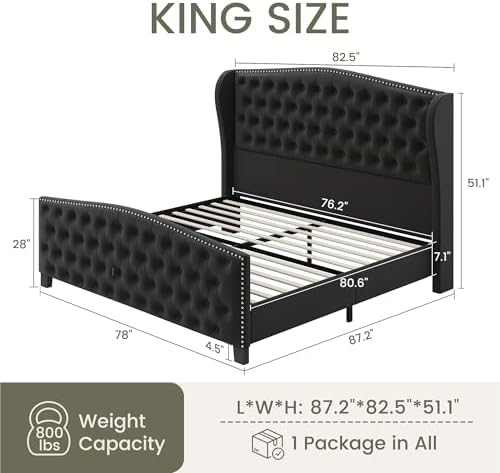 LARMACE King Size Bed Frame Velvet Upholstered Platform Bed - Image 2