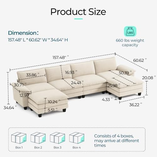 LINSY HOME 157'' Modular Sectional Sofa 4 Seat Couch Corduroy Cloud Couch - Image 2
