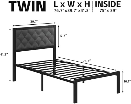 Fluest Twin Bed Frame with Headboard Linen Upholstered Bed Frame Platform - Image 2