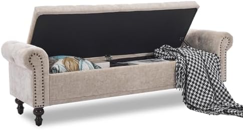SOFTHION 67" Storage Bench for Bedroom, Chenille Upholstered, Light Brown - Image 3