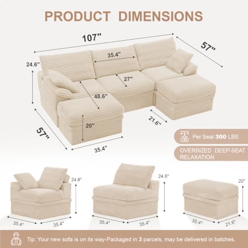 107" Boneless Couch with Storage, 48.6" Extra Deep-High Seat Modular Sectional - Image 3