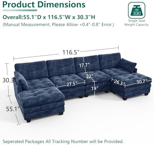116.5" Modular Sectional Cloud Couch, U Shaped Tufted Sofa - Image 2