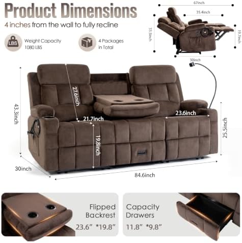 Loveseat Recliner Sofa, Flip-Down Middle Backrest Design, Oversized 3-Seater - Image 2