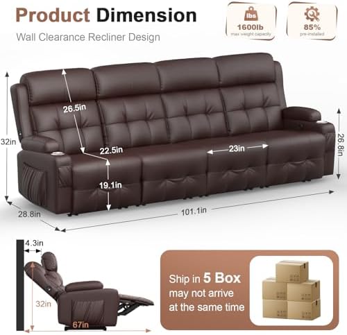 Reclining Loveseat Sofa, RV Loveseats Recliner Sofas Wall Hugger, Double - Image 2