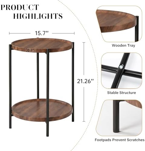 TeoKJ 2 Tier Small Side Table, Folding Round Metal End Table - Image 3
