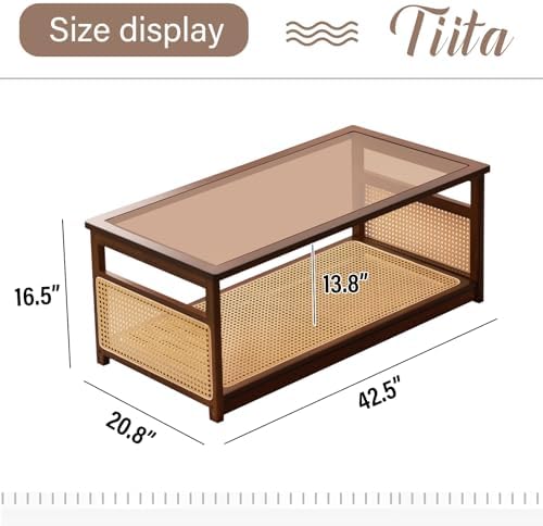 Tiita Bamboo Coffee Table, Glass Top, Rattan Storage, 2-Tier Storage - Image 3