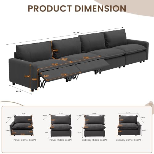 148.8 Inch Power Recliner Modular Sectional Couch, 4 Seater Cloud Sectional Sofa - Image 2