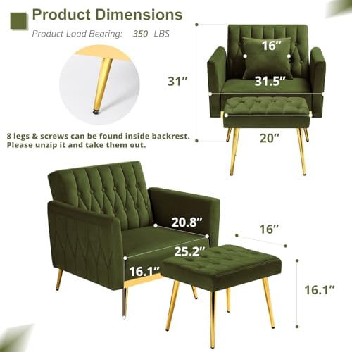 Velvet Accent Chair w/Ottoman & Adjustable Backrest, Olive Green - Image 3