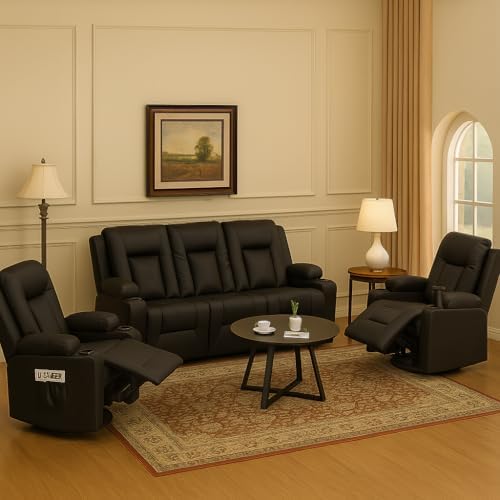 LUCKLIFE Faux Leather Recliner Sofa Set, Manual Living Room Furniture Sets - Image 3