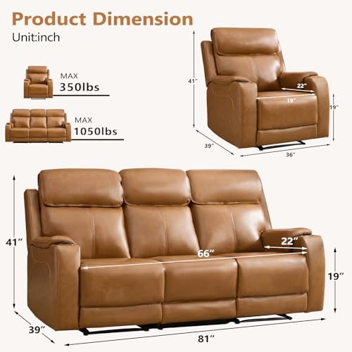 HAOMARKETS 3-Piece Top Grain Leather Power Reclining Sofa Set, Include Dual - Image 2