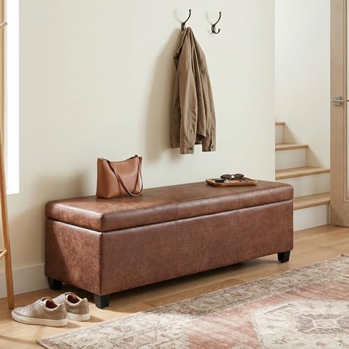 SIMPLIHOME Avalon 48" Vegan Leather Ottoman in Distressed Pecan Brown - Image 2