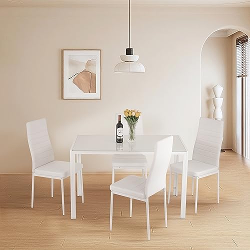 FDW | 5-Piece Dining Table Set | White | Glass Kitchen Table - Image 2