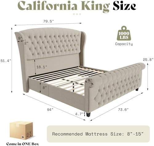 AMERLIFE California King Upholstered Sleigh Bed Frame - Image 2