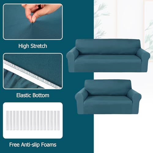 Peryiter 2 Pcs Couch and Loveseat Sofa Covers, Peacock Blue, Milk Silk - Image 4